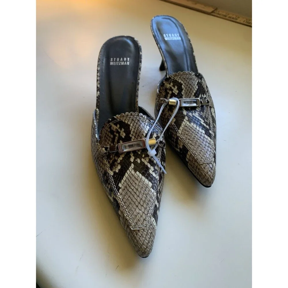 NWOT Stuart Weitzman 9.5M Snakeskin Pointy Toe Open Heel Slip On Heels 4007979